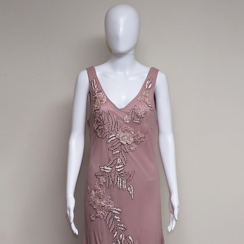 SUE WONG NOCTURNE Vintage 100% Silk Pink Embroidered/Beaded Fairy Core Dress Y2K - Picture 3 of 7